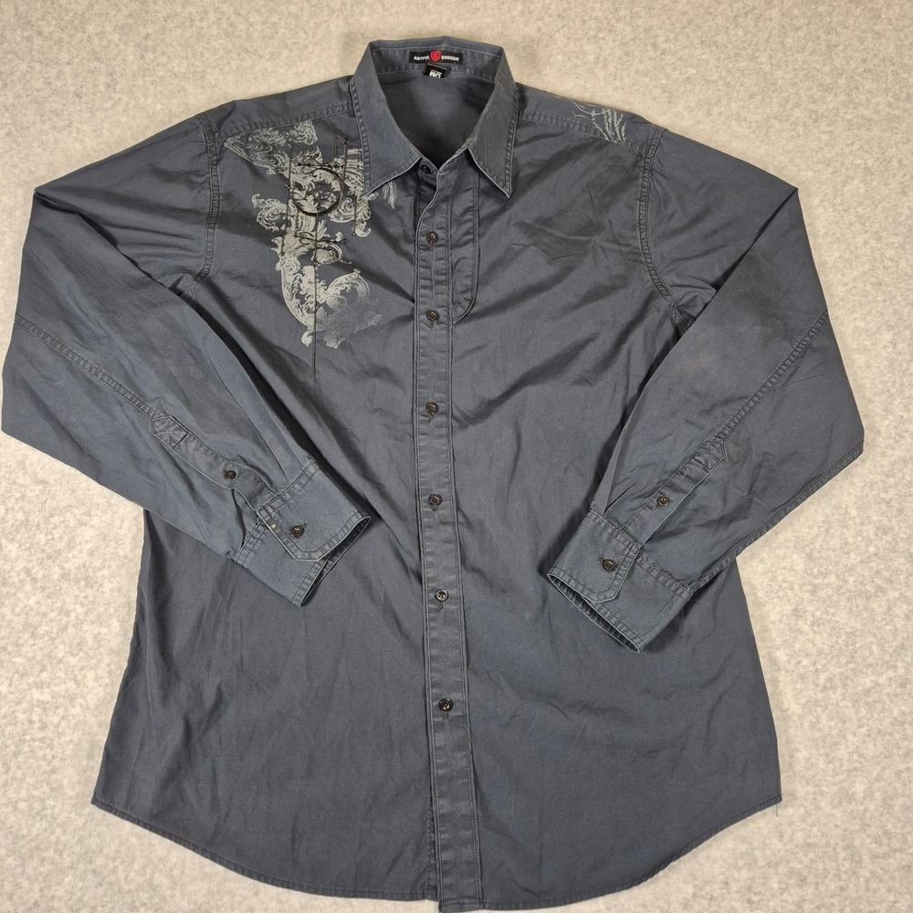 Artful Dodger Button Down Shirt Mens XXL Black Print Streetwear Long Sleeve Y2K